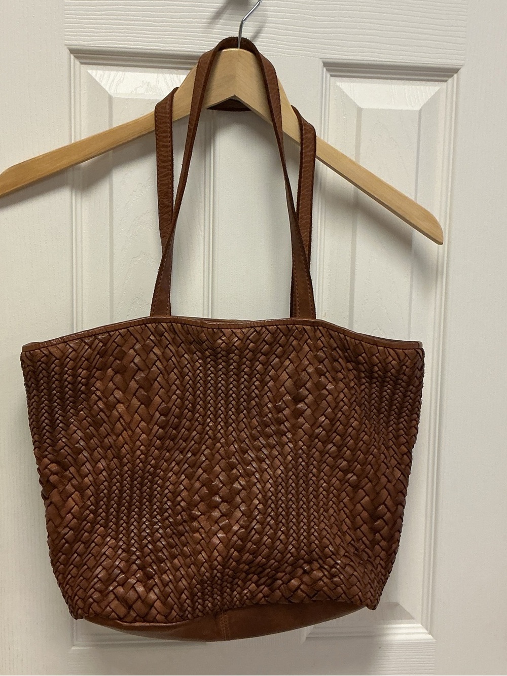 Vintage FOSSIL Cognac Woven Leather Tote Bag - Boho Y2K Basketweave Shoulder Bag - Picture 1 of 12